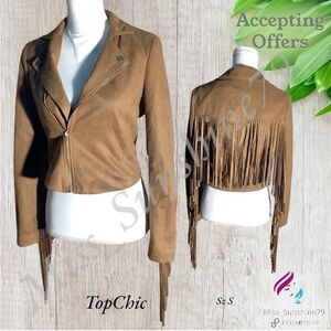 TopChic - Sz S - faux leather suede fringe fashion jacket - tan - 10” fringe